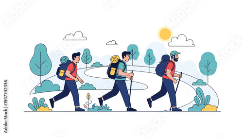 Three men with backpacks and walking sticks go for a group hike along a winding trail through a lush green park landscape.