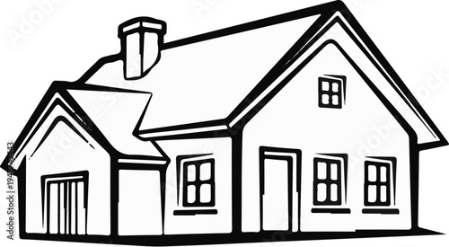 Simple line drawing of a detached house with a chimney and multiple windows