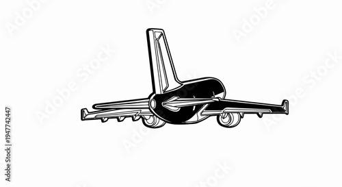 Stylized airplane graphic, viewed from the rear with detailed engine components