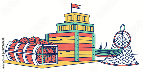 A colorful illustration of a carnival midway with a ferris wheel and game booth Vector