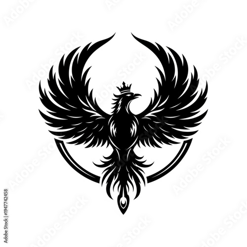 Stylized black phoenix with outstretched wings and a crown, set against a white background, symbolizing rebirth and power.