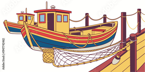 A colorful boat sitting on a dock with a net underneath Vector