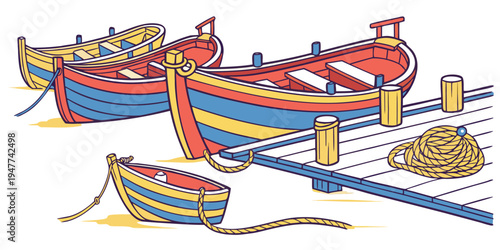 A group of colorful boats are docked at a pier Vector