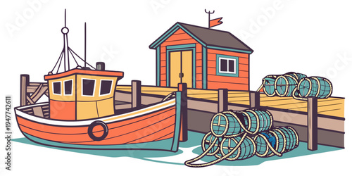A small orange boat next to a dock and a house Vector