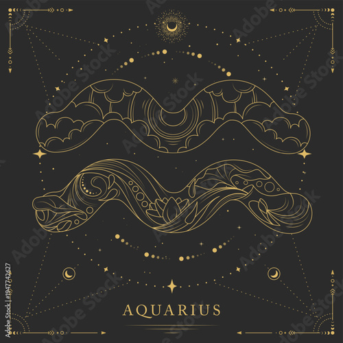 Modern magic witchcraft card with astrology Aquarius zodiac sign on space background. Line art vector illustration