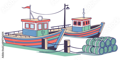 Two boats are docked at a pier by the water Vector