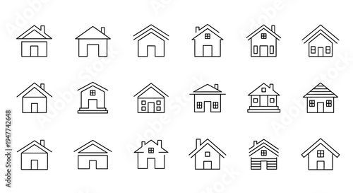Set of house icons, simple line drawings of various home styles, real estate symbols