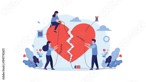 Concept of healing and reconciliation shown by people using needles and thread to stitch a large broken red heart back together.