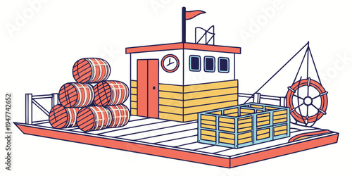 A small boat with a cabin and a pile of barrels Vector