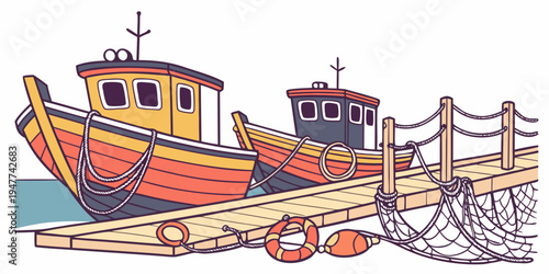 A colorful boat sitting on a dock with a fishing net Vector