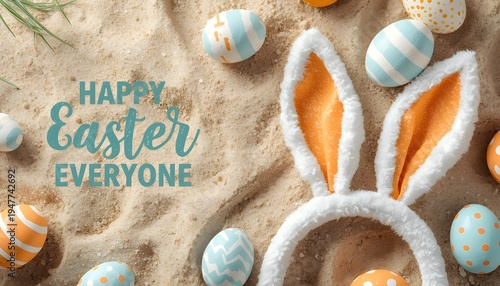 Easter bunny ears and decorated eggs on sandy beach with happy easter everyone text