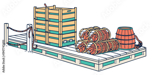 A pile of wooden pallets and barrels on a metal platform Vector