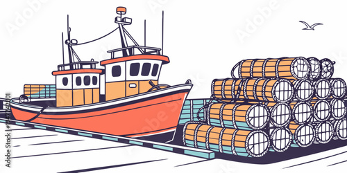 A large orange boat carrying a cargo of wrapped pallets Vector