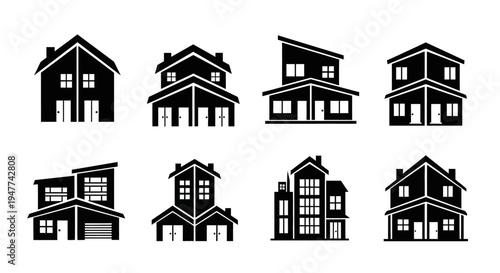 Set of Black House Icons: Modern and Traditional Architectural Styles