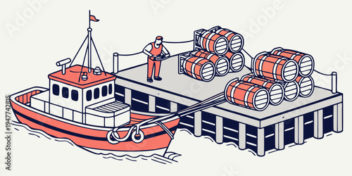 A red and white boat docked at a pier with industrial buildings Vector