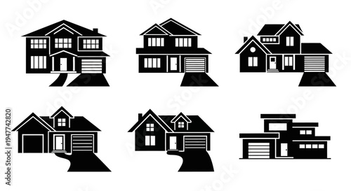 Set of Black House Icons: Modern and Traditional Residential Building Silhouettes