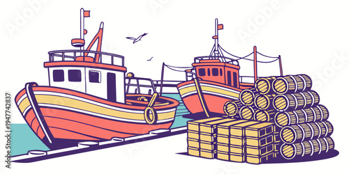 A large orange and white boat next to a pile of wooden crates Vector