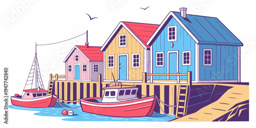 Colorful houses on a dock with boats Vector