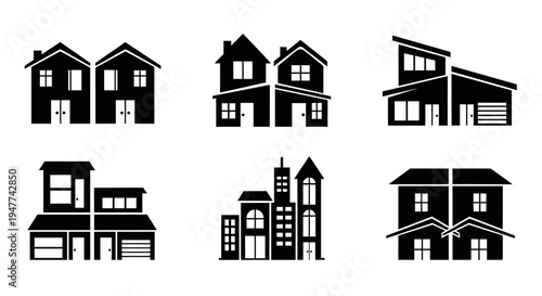 Set of Black House Icons: Townhouses, Modern Homes, Apartments, Cityscape