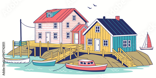 Colorful houses on a dock by the sea Vector