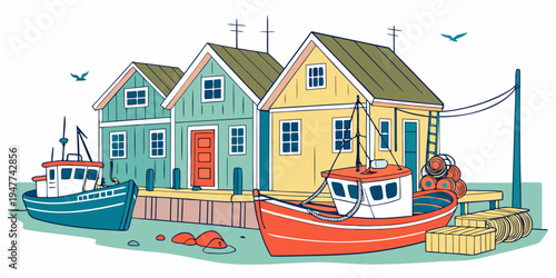A colorful illustration of a fishing village with boats and houses Vector