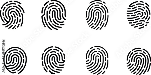 Collection of biometric fingerprint icons set representing digital identity verification, security authentication, forensic identification patterns and modern cybersecurity access technology 