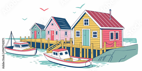 A colorful illustration of a row of houses on the waterfront Vector