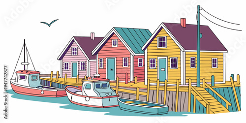 A colorful illustration of a small fishing village with houses and boats Vector