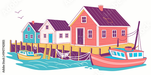 A colorful fishing village with boats and houses Vector
