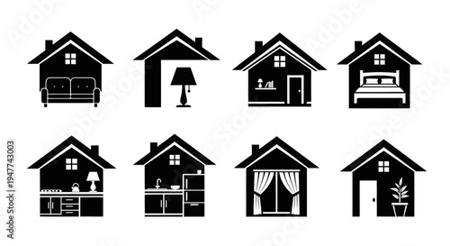 Set of Black House Icons with Interior Furniture and Rooms