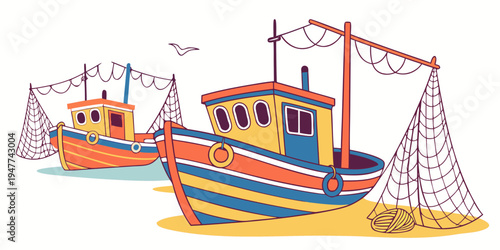 Two boats are sitting on the shore with fishing nets Vector