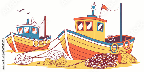 Two boats are sitting on the beach with nets Vector