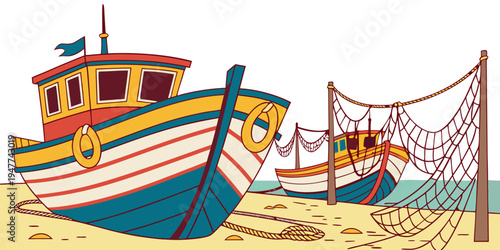 A colorful fishing boat on the sandy beach Vector