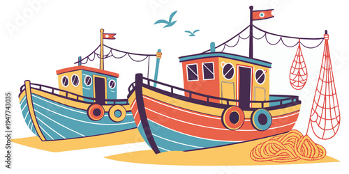 Two colorful fishing boats on the shore Vector