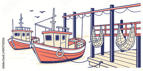 Two boats are docked at a pier with a crane Vector