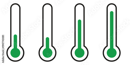 Thermometer Vector Icon Collection, Including Temperature Up and Down Symbols, Thermometer Scales, and Climate Indicators Ideal for Weather Apps, Science Illustrations, and Digital Design Applications