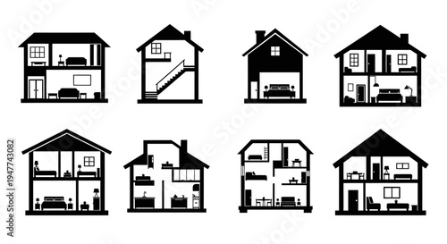 Set of Black Silhouettes of House Floor Plans with Furniture and Rooms
