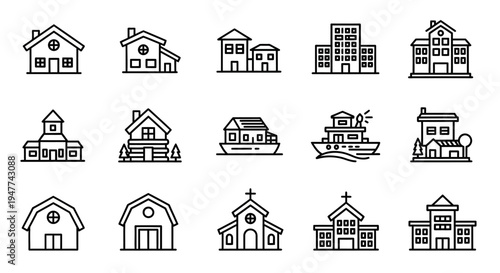 Set of Building Icons: Houses, Churches, Offices, Ships, Barns - Vector Graphics