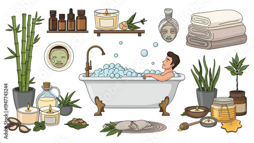 Relaxing man enjoys a bubble bath in a luxury tub surrounded by various spa items like candles, oils, and bamboo.