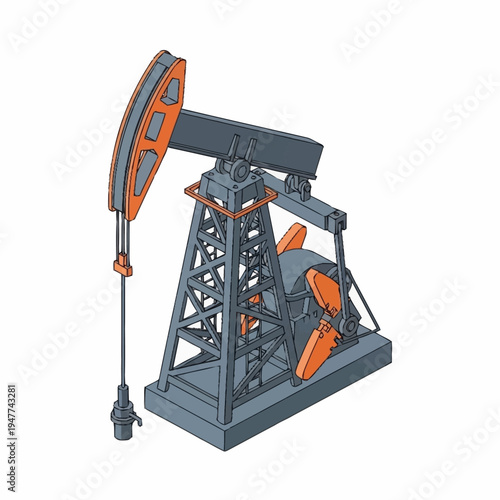 An isometric illustration of a classic oil pumpjack, also known as a nodding donkey, used in the petroleum industry for extracting crude oil from the ground.