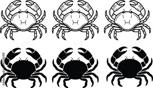 Collection of crab illustrations with detailed outlines and solid black silhouettes, perfect for marine life themes, seafood design, and educational projects