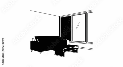 Simple line drawing of a modern sectional sofa with a coffee table by a window