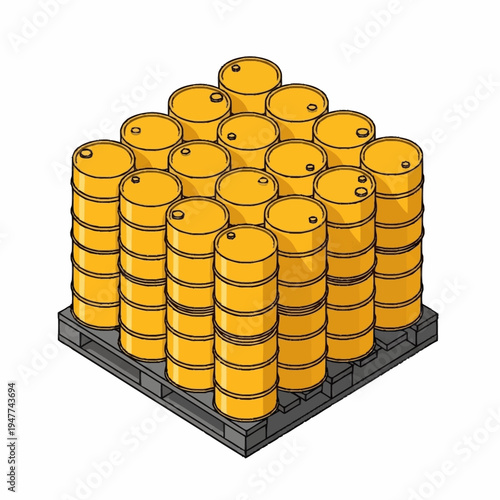 A pallet stacked high with numerous yellow industrial barrels, arranged in a pyramid formation, ready for transport or storage.