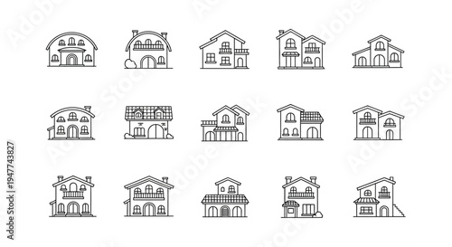 Set of hand-drawn house icons, architectural sketches, residential building outlines