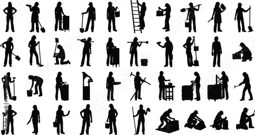 Collection of construction worker silhouettes showing various labor activities, industrial jobs and handyman tasks, people using tools, ladder, cleaning equipment and maintenance work icons set
