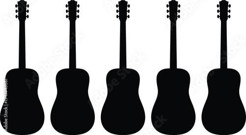Collection of five black acoustic guitar silhouettes in horizontal row, showcasing varied body shapes, perfect for music themes, design, and creative projects.