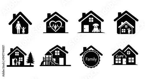 Set of House Icons with Family, Health, Pet, and Real Estate Concepts