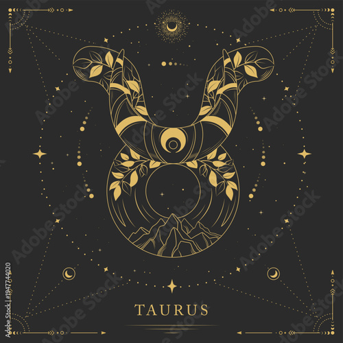 Modern magic witchcraft card with astrology Taurus zodiac sign on space background. Line art vector illustration