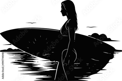 Silhouette of a woman in a bikini holding a surfboard at sunset
