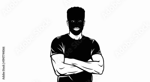 Stylized black and white portrait of a man with arms crossed, smiling